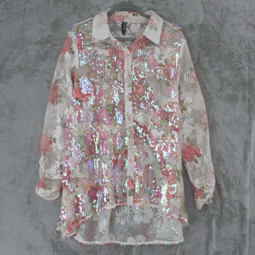 Berek‎ Floral Mesh Sequined Top Womens XL White High-Low Maximalism $199 NWT
